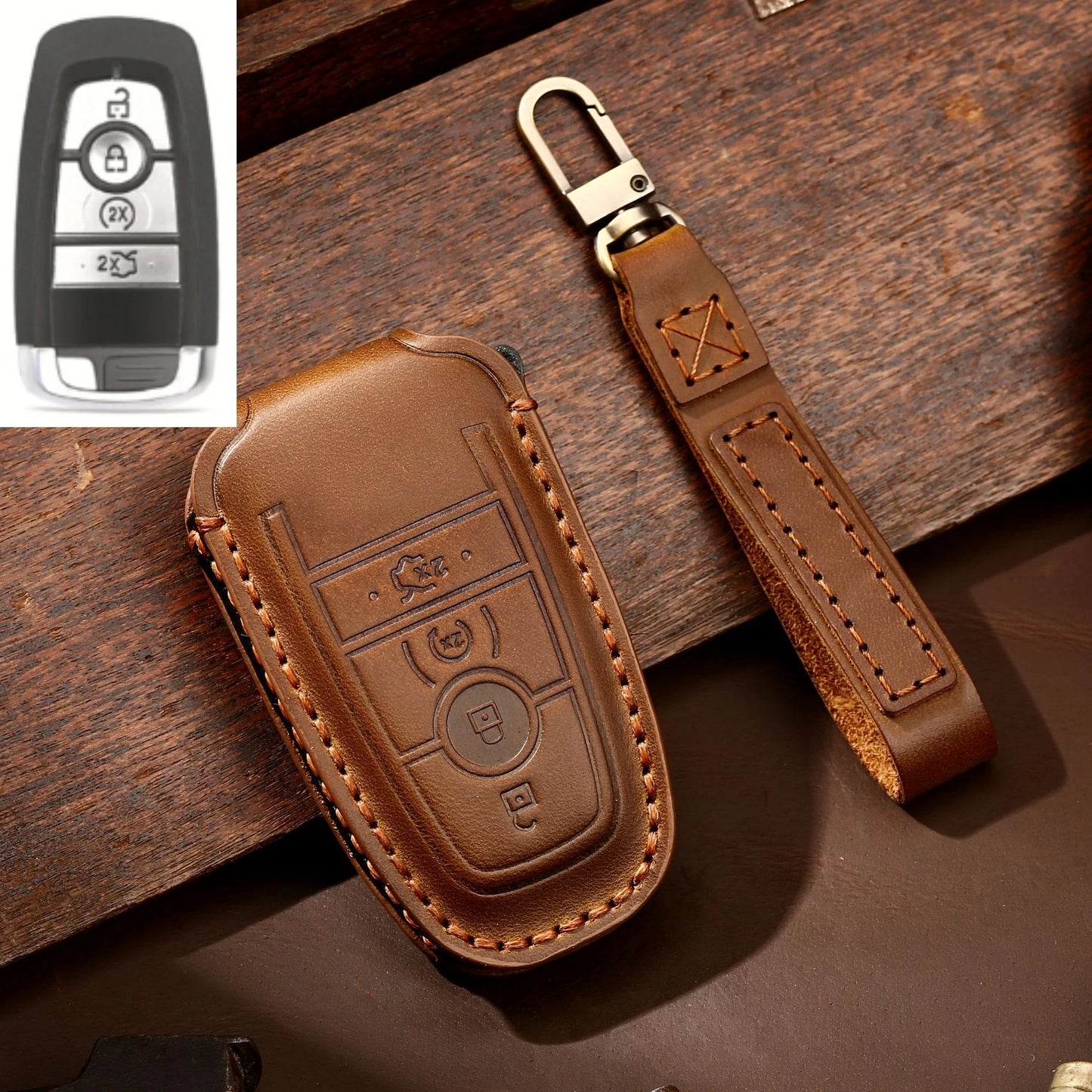 Leather Key Case, 4 Button Start + Roller Shutter Ford Key Cover