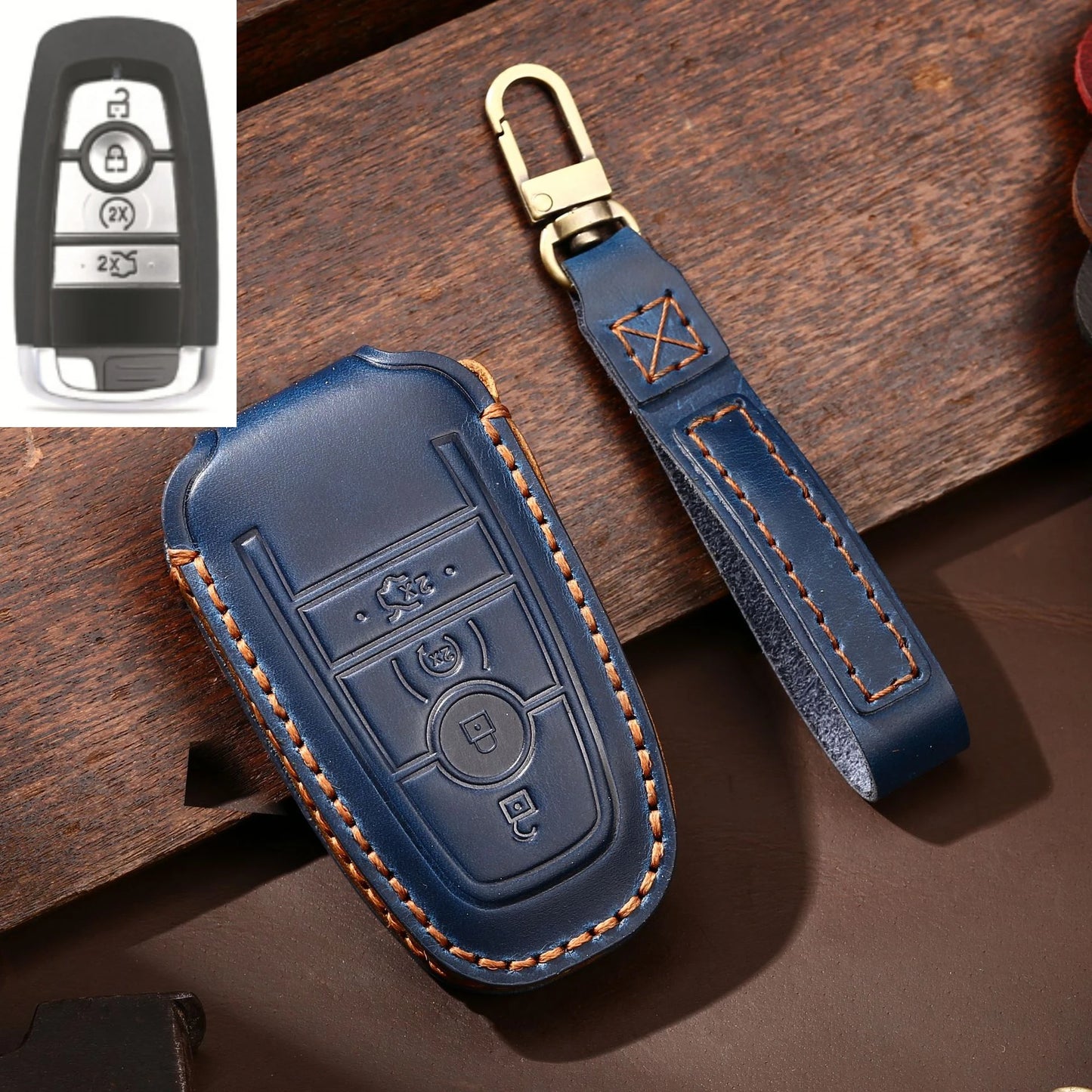 Leather Key Case, 4 Button Start + Roller Shutter Ford Key Cover